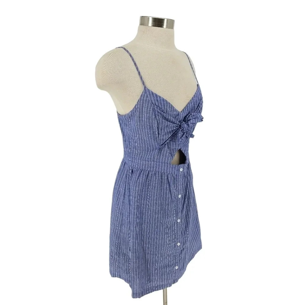 GB Fit Flare Dress Blue Stripe Sleeveless Cutout Button Zip Back Beach Sundress - Picture 2 of 8